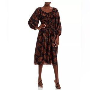 Rebecca Taylor Arden Fern Silk MIDI Dress Black/Copper Colored floral print L